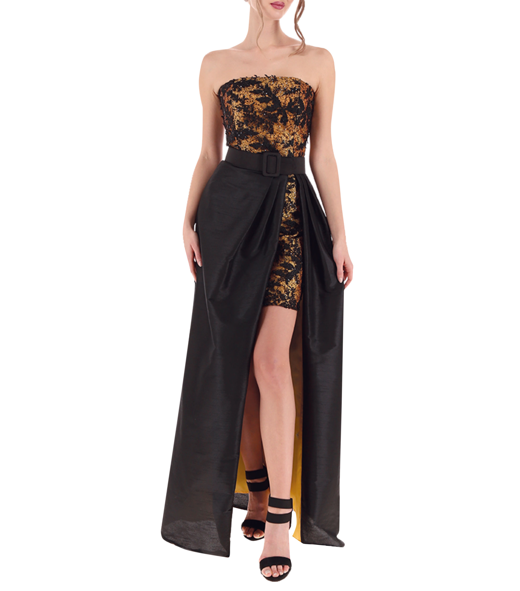 Vestido maxi con cintura imperio y hombros descubiertos con abertura Plata Tallas Grandes
